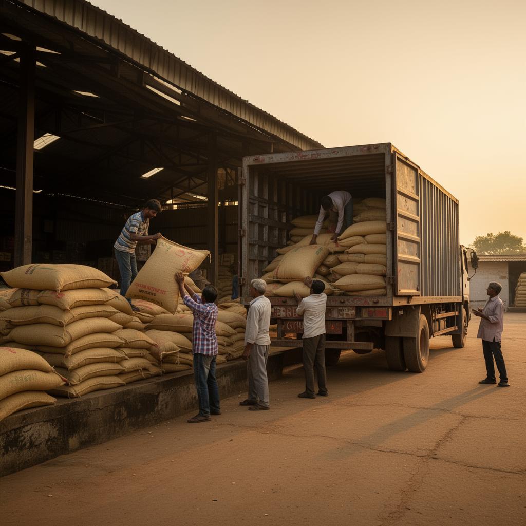Workers loading rice bags into a lorry for distribution