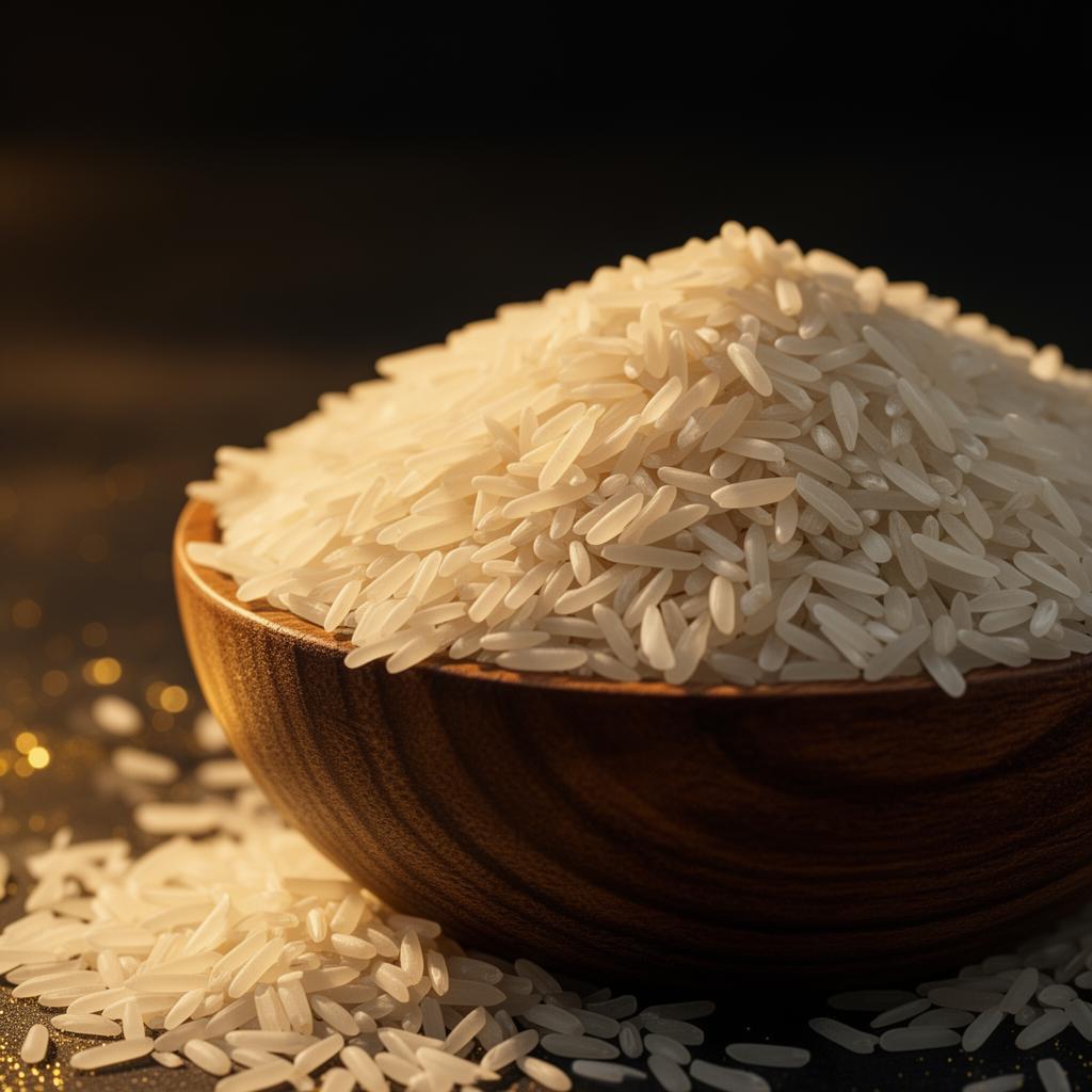 Premium basmati rice grains in a wooden bowl — Swathi Grain Traders